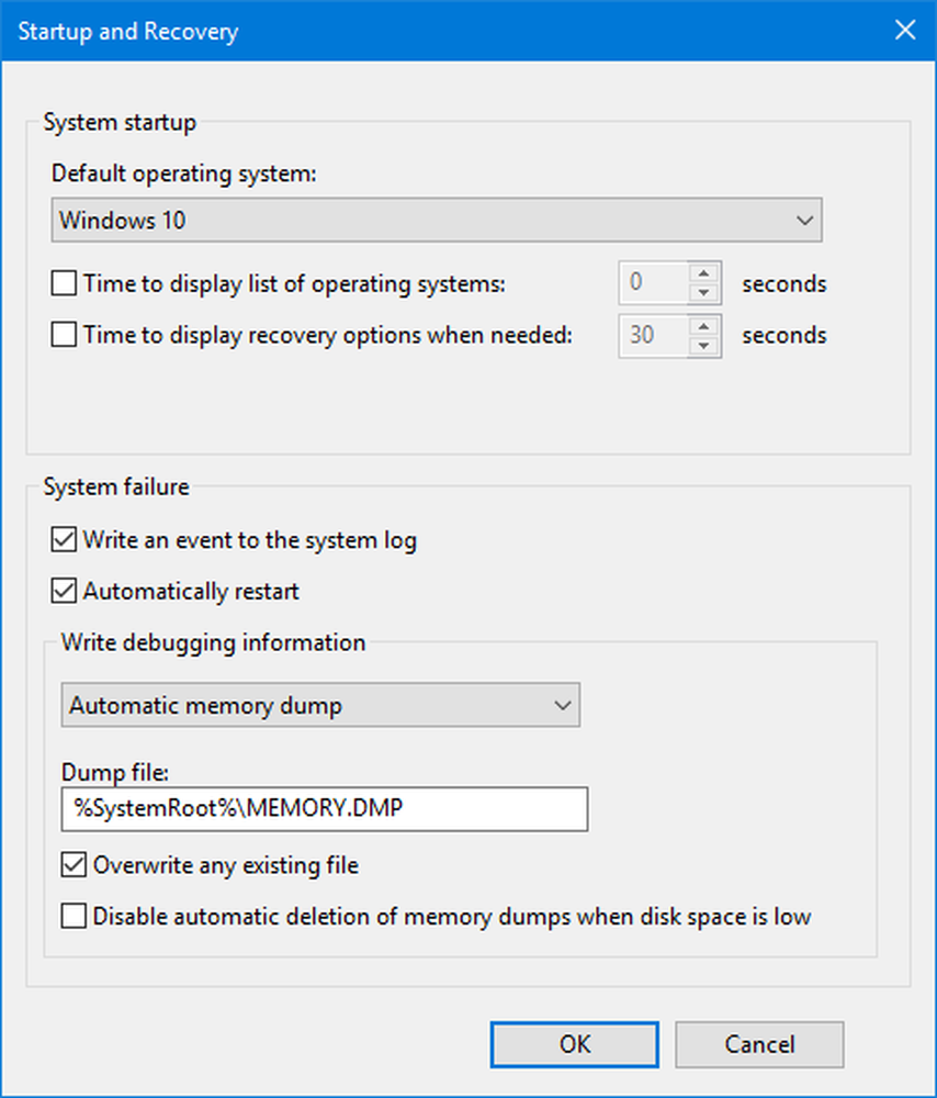 System event window. Disable Automatic restart on System failure. Disable restart after x times. Operating System from 0 to 1.